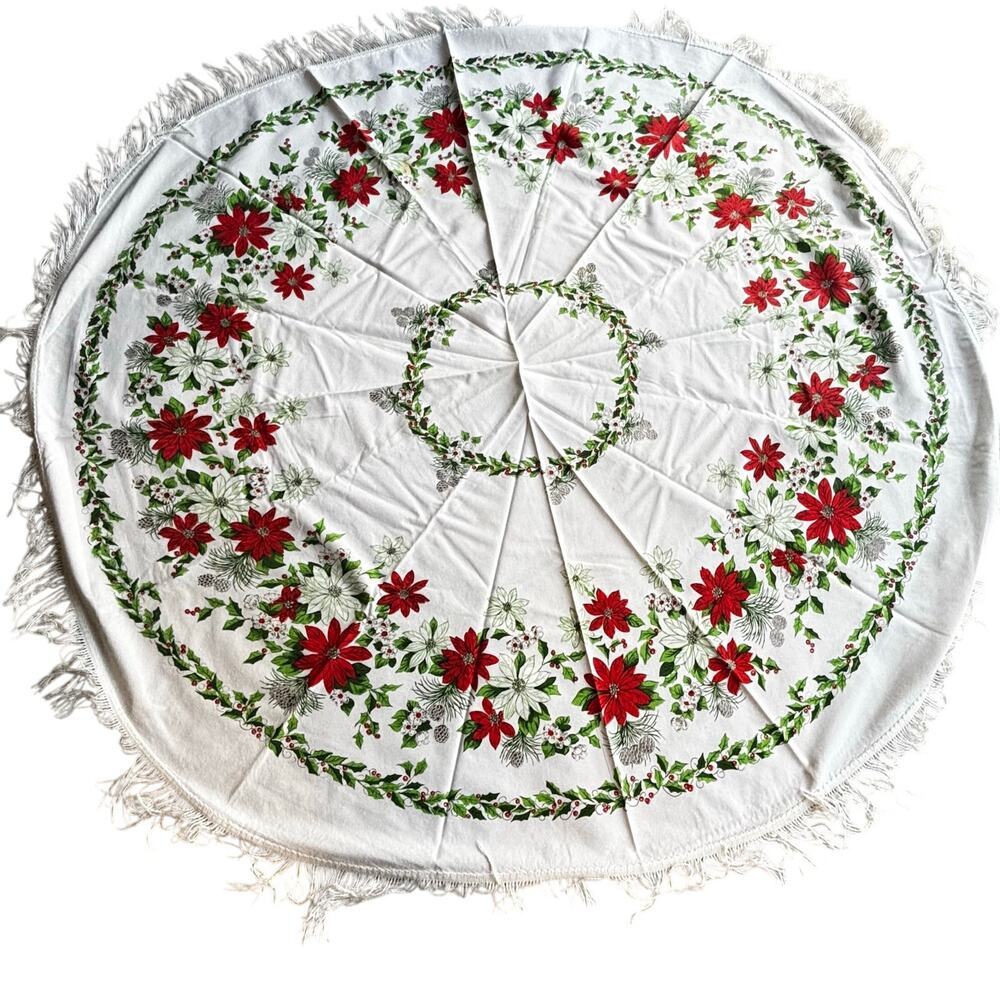 Vintage Christmas tablecloth printed cotton round soft fringe red green festive